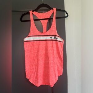 PINK Victoria’s Secret Coral Racerback Sporty Tank Top Size S Striped Hem Logo